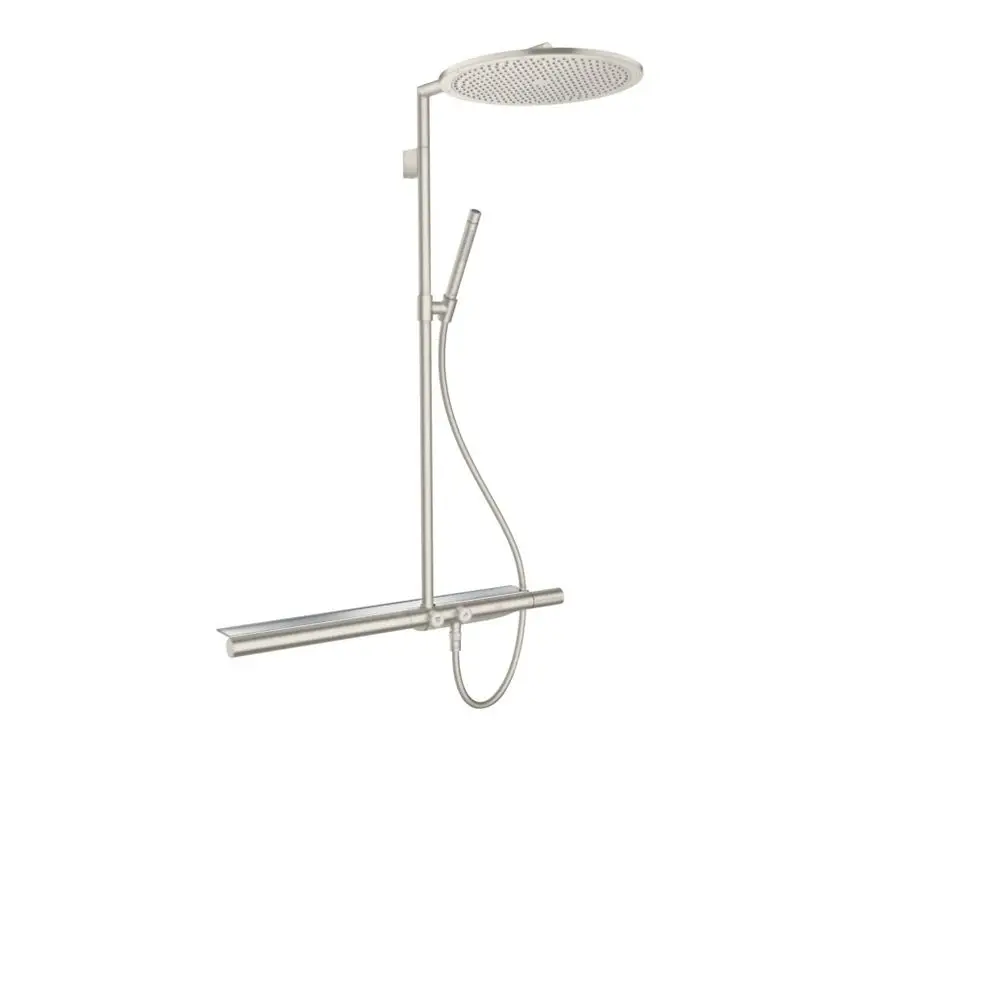 Showerpipe von AXOR mit integriertem Thermostat, Kopfbrause und Handbrause. Metalloberfläche in Edelstahloptik, an Wand montiert.
